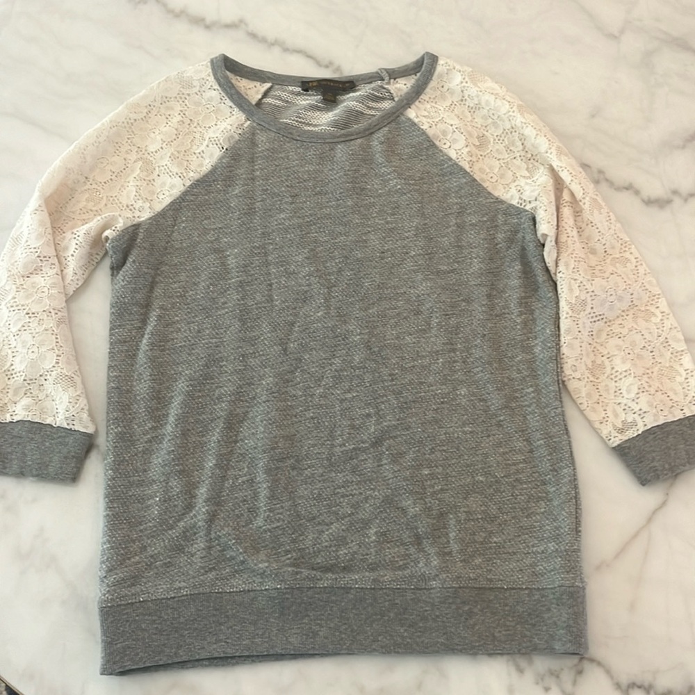 XS grey with off white lace sleeves, 3/4 length, lightweight